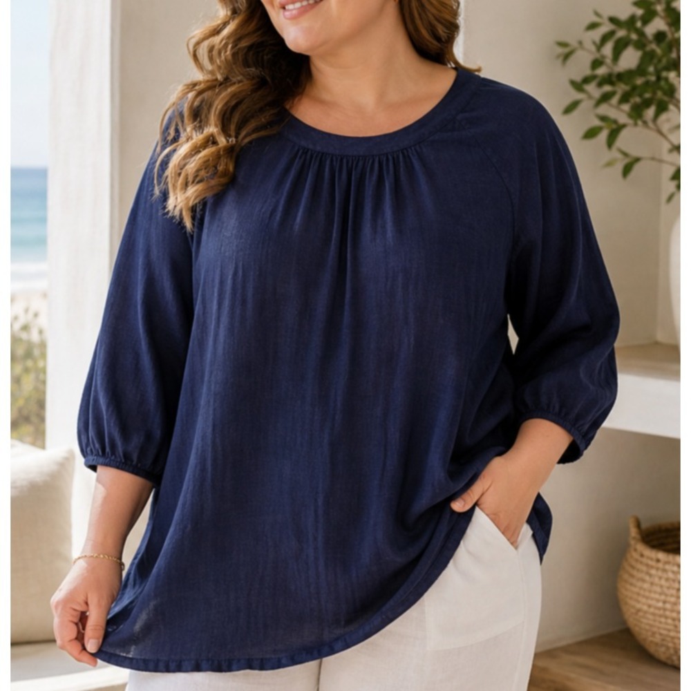 VTG Donna Women 100% Linen Lagenlook Blouse XL Blue Coastal Boho Minimalist USA